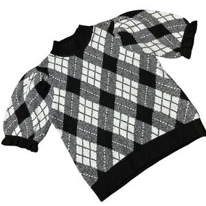 Kaily K Argyle Puff Sleeve Sweater Top Knit Black White Gray Medium M Academia
